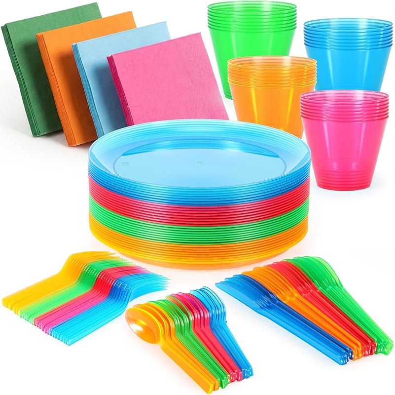 Havawish 192Pcs Neon Party Set Serves 32 with Plates, Cups, Forks, Kni