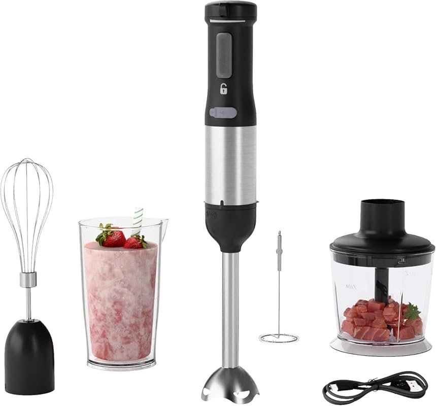 Cordless 5‑in‑1 Immersion Blender, Rechargeable 2000mAh, Variable Spee