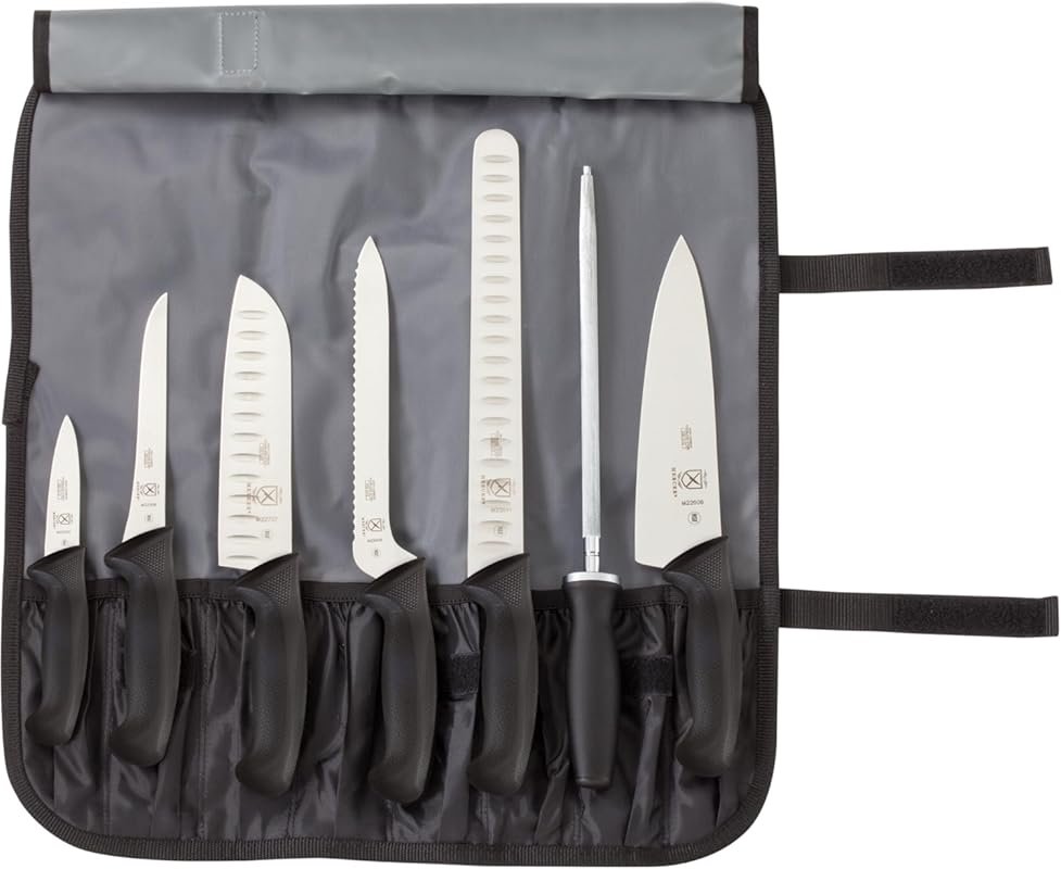 Mercer Culinary Millennia 8-Piece Knife Roll Set with Black Handles, Professional Chef Knives and Roll Bag