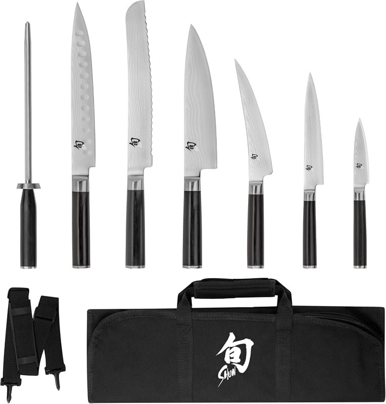 Shun Classic 8-Piece Student Knife Set, Handcrafted Japanese Damascus Steel, Includes Chef, Paring, Utility Knives