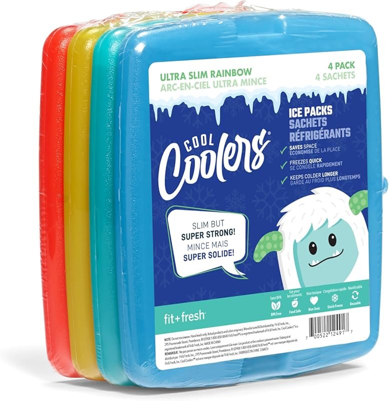 Fit + Fresh Cool Coolers 4 Pack Slim Ice Packs, Space Saving Reusable