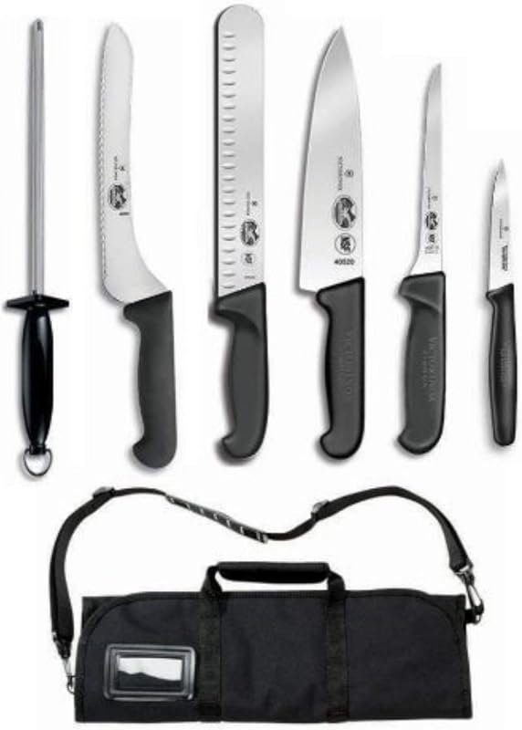 Victorinox Forschner 7-Piece Fibrox Deluxe Culinary Knife Roll Set, Black Handles, Professional Chef Knives