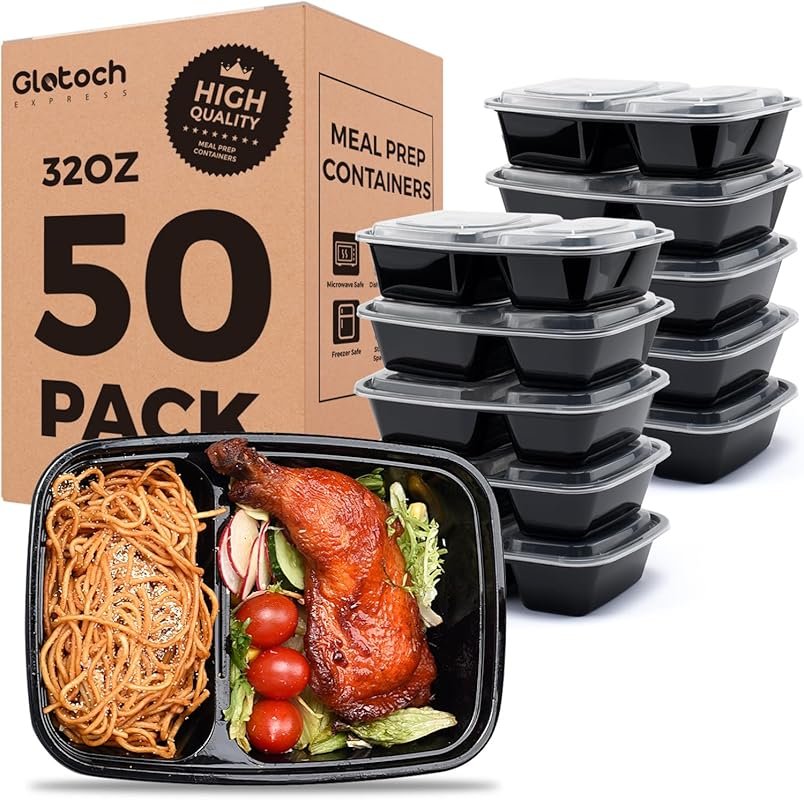 50 Pack (100-Piece) 32 oz Sturdy Leakproof 2-Compartment Meal Prep Con