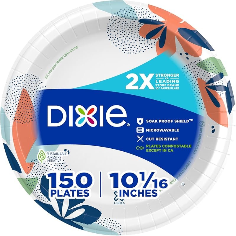 Dixie Large Paper Plates 10 Inch 150 Count 2X Stronger Microwave Safe 