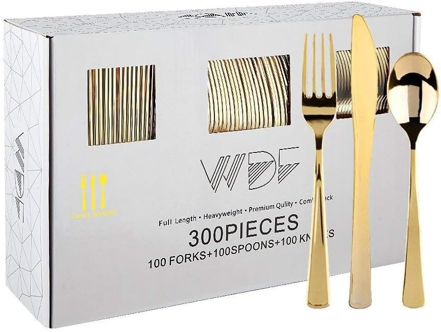 WDF 300 Pieces Heavy Duty Gold Plastic Silverware Set with Forks, Spoo