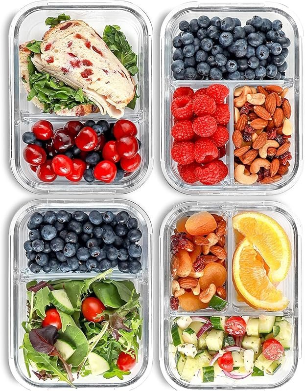 FIT Strong & Healthy 4-Pack Glass Meal Prep Containers with 2 & 3 Comp