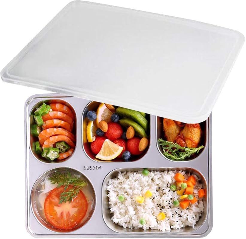 304 Stainless Steel Divided Plates with Lid - 5-Section Bento Lunch Bo