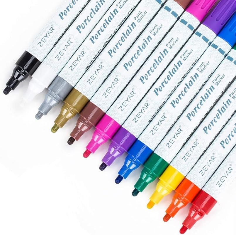 ZEYAR Acrylic Paint Pens for Porcelain – 12 Water-Based Colors, Medium