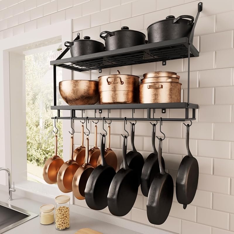 KES 30-Inch 2-Tier Wall Mounted Pot Rack with Guard Rail and 12 Hooks,