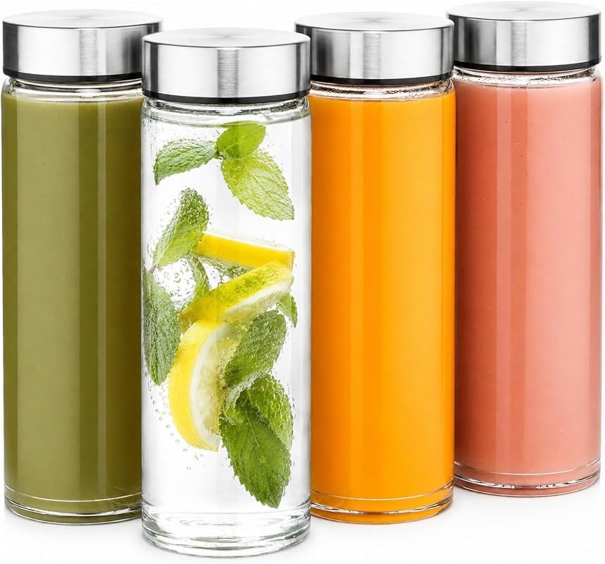 4 Pack Wide Mouth 16 oz Glass Juice Bottles with Stainless Steel Lids 