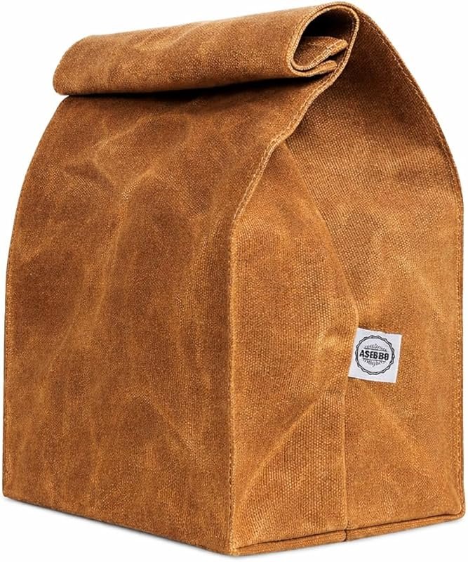 ASEBBO Waxed Canvas Insulated Lunch Bag - Reusable Paper Bag-Style Cooler for Adults, Leakproof with Shoulder Strap, Brown