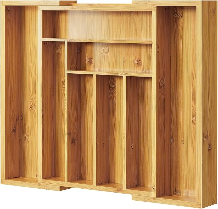 Pipishell Bamboo Expandable Silverware Organizer Adjustable Utensil Tr