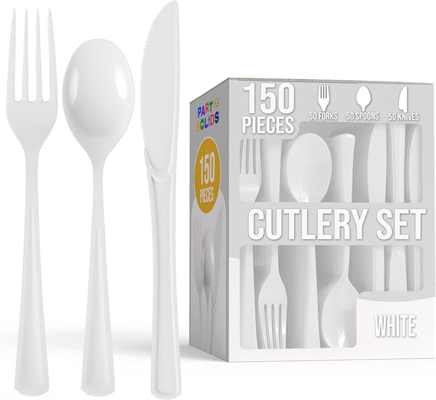 Party Solids 150 Pieces Heavy Duty White Disposable Plastic Silverware