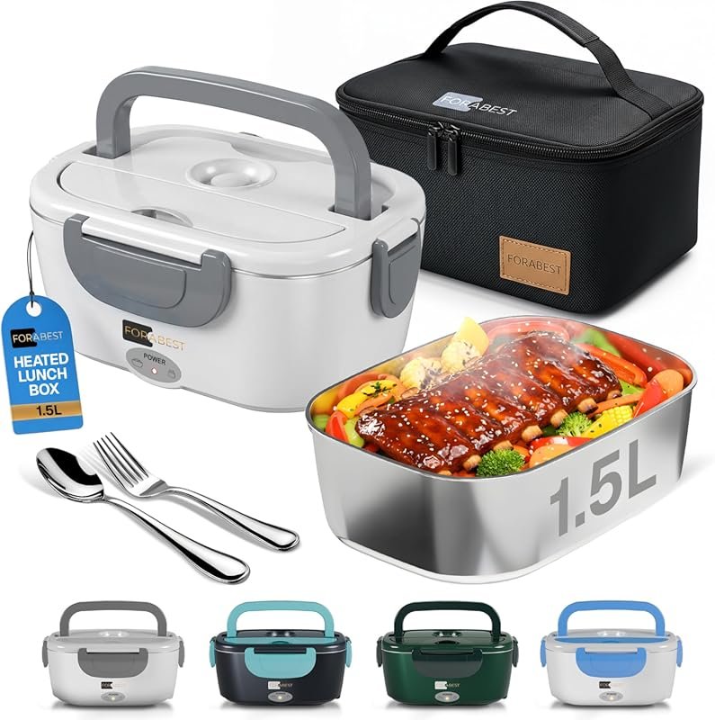 FORABEST 80W Heated Lunch Box with 1.5L Stainless Steel Container, Lea
