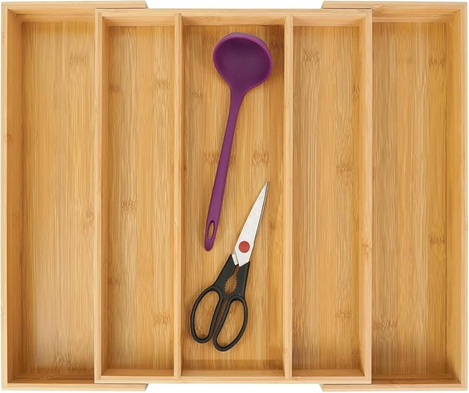 Utoplike Expandable Bamboo Drawer Organizer Adjustable 5 Slot Utensil
