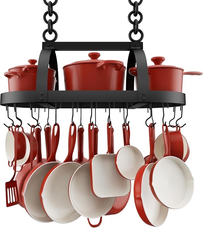 KES 34-Inch Ceiling Mounted Pot Rack with 20 S Hooks, Matte Black Oval