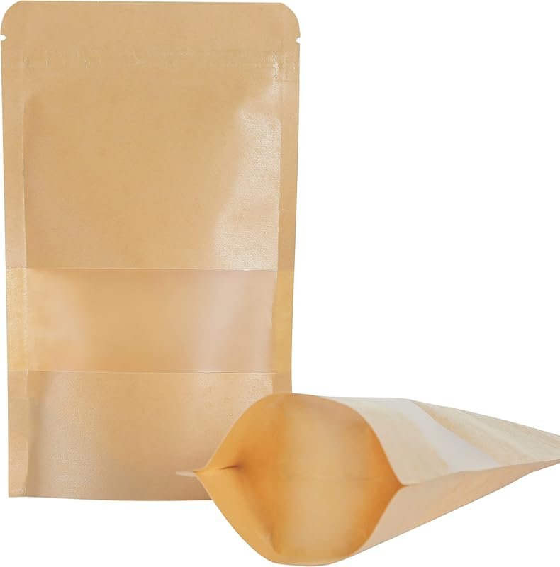 100 Pack Kraft Brown Stand Up Pouches 4.7x7.9 Inches - Resealable Bags