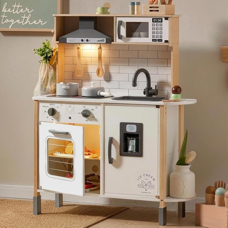 Tiny Land Wooden Play Kitchen for Kids with Realistic Lights and Sound