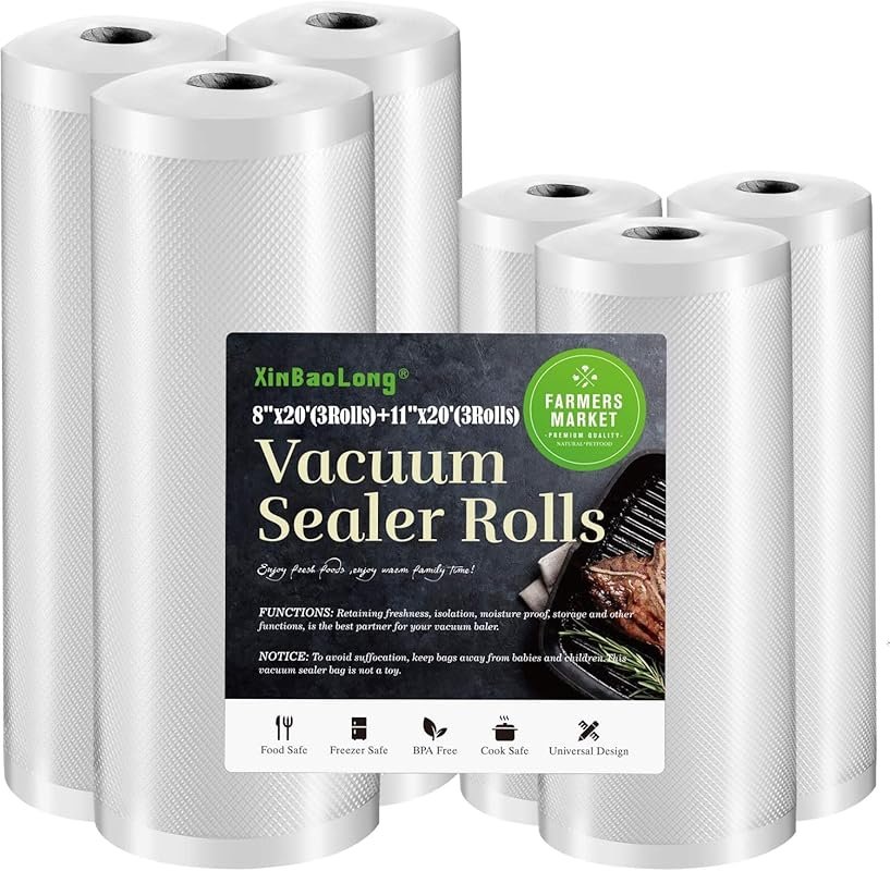 6 Pack Vacuum Sealer Bag Rolls - 3 Rolls 11x20 ft and 3 Rolls 8x20 ft