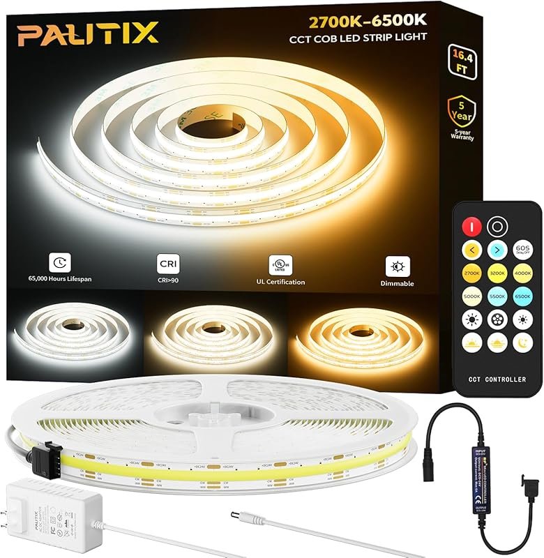 PAUTIX 16.4ft COB LED Strip, CCT Tunable White 2700K-6500K, UL-Listed 