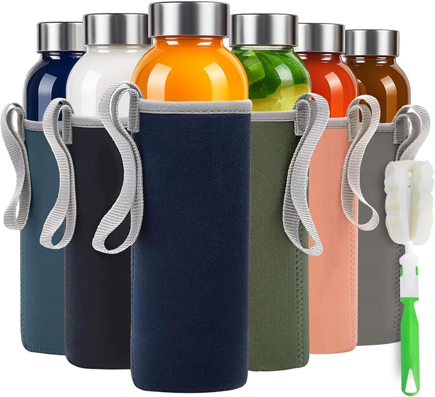 Epica 18oz Glass Water Bottles with Lids – Set of 6 Reusable Juice Bot