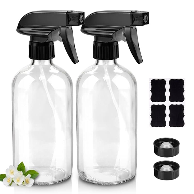Worldgsb 16oz Clear Glass Spray Bottles 2-Pack with Adjustable Nozzle 