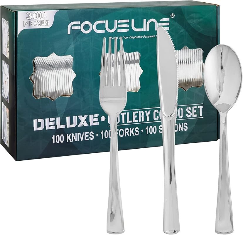 FOCUSLINE 300 Pack Heavy Duty Disposable Plastic Silverware Set with F