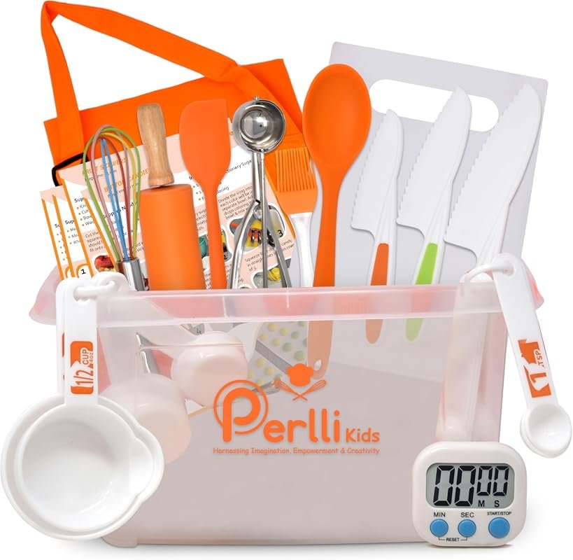 PERLLI Kids Real Cooking Baking Set 31-Piece Utensils, Case, Safe Knif
