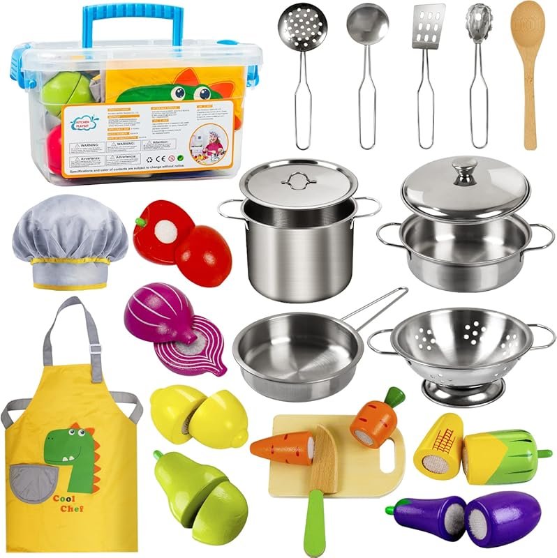 Sundaymot Play Kitchen Accessories: Wooden Play Food, Stainless Steel