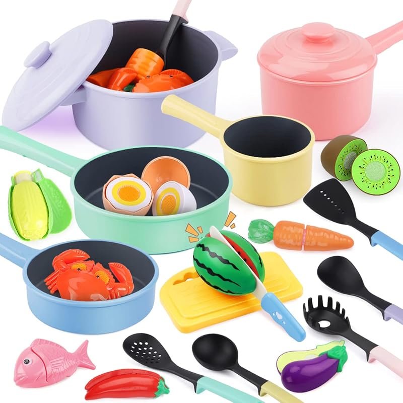 GILOBABY Kids Play Kitchen Accessories Complete Cooking Toy Set with P
