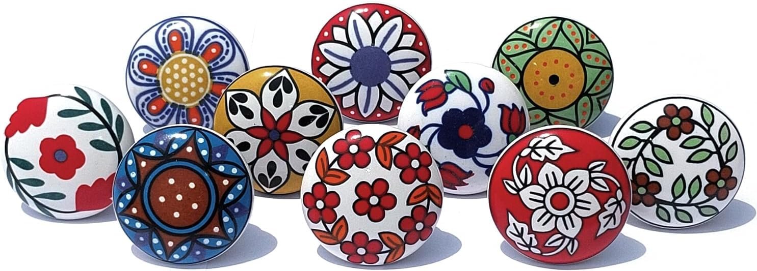 Royal Kraft Sknob001 Vintage Multicolor Ceramic Pull Knobs - Set of 10