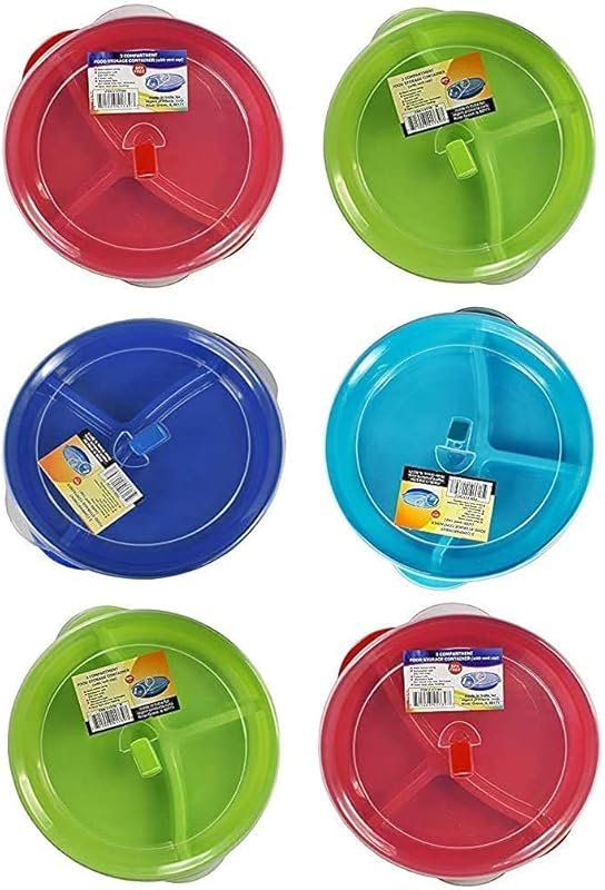 Set of 6 Microwave Food Storage Tray Containers - 3 Compartment Divide