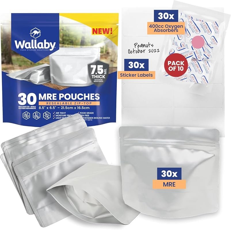 Wallaby 30-Pack MRE Mylar Bags, 15 Mil Thick, 6.5x8.5 Stand-Up Zipper