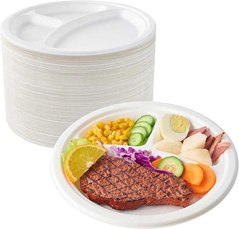 ECOLipak Compostable 3 Compartment Plates 150 Pack 10 Inch Heavy Duty 