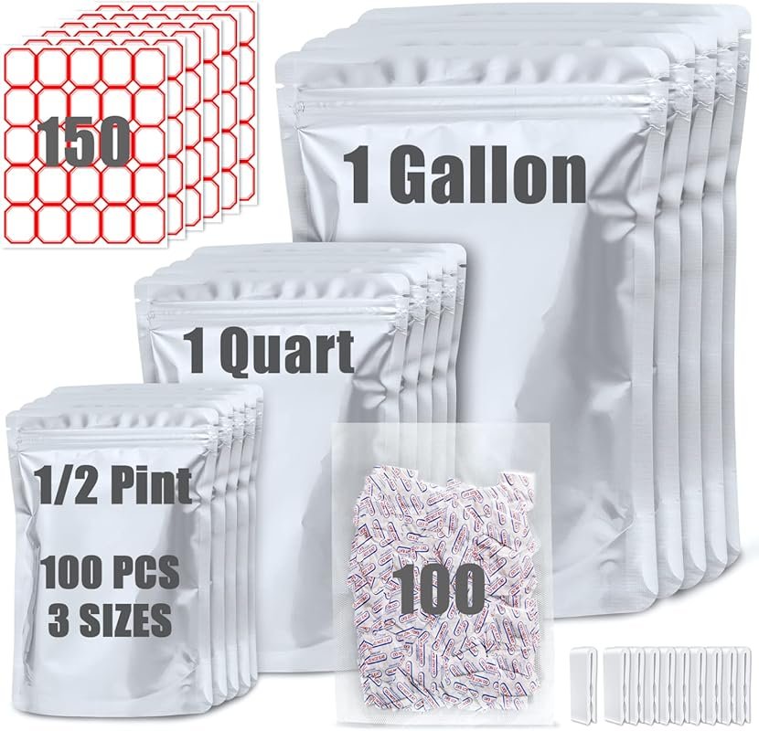 100 Pack 9 Mil Mylar Bags with Oxygen Absorbers - Resealable 10x14, 6x9