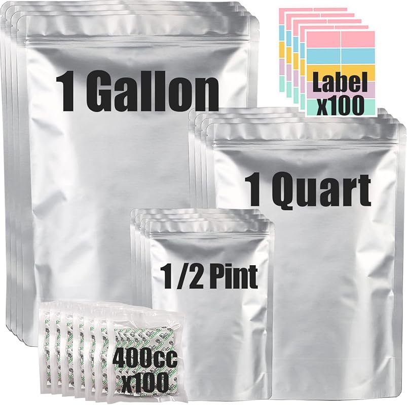 100-Pack Mylar Bags, 12 Mil Thick, 3 Sizes (1 Gallon, 1 Quart, 1/2 Pin