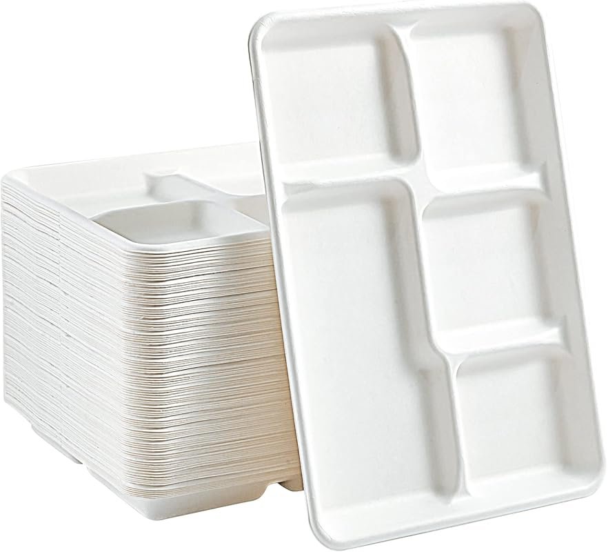 Vplus Compostable 5 Compartment Paper Plates 100 Pack 12.5x8.6 Inch Lu