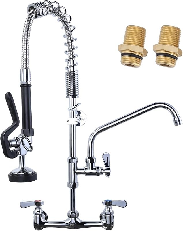 Commercial Wall Mount Kitchen Faucet with Pre-Rinse Sprayer, 8-Inch Center