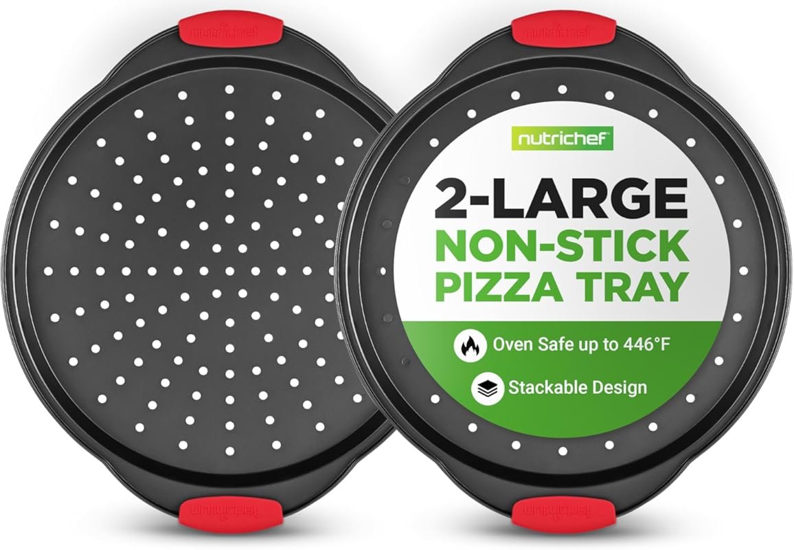 NutriChef NCBPIZX2 13-Inch Nonstick Perforated Pizza Tray 2-Piece with