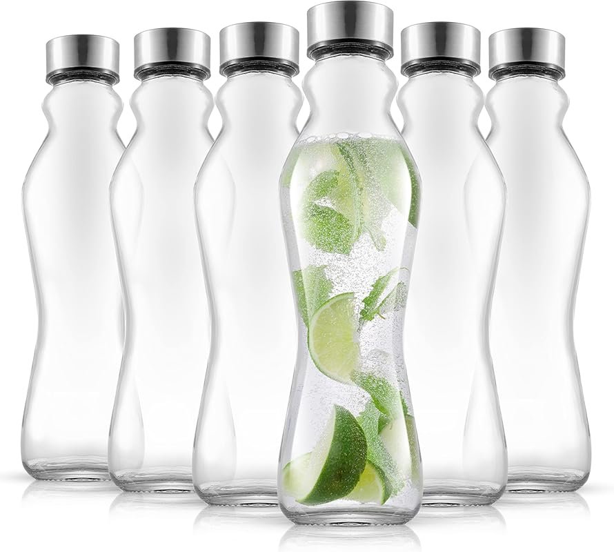 JoyJolt Spring 18 oz Glass Water Bottles - 6-Pack Reusable Leakproof B