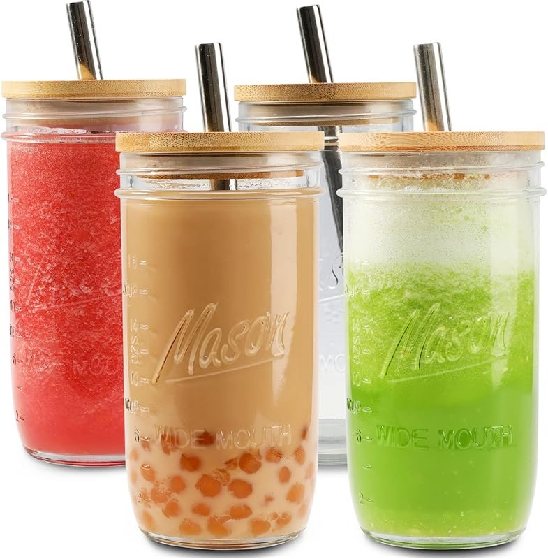 Mason 4 Pack Reusable 24oz Wide Mouth Smoothie Cups with Bamboo Lids a