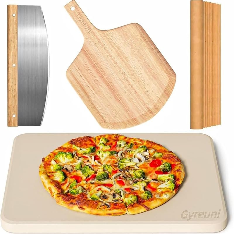 Large 15-Inch Rectangle Pizza Stone Set for Oven and Grill with Peel, 