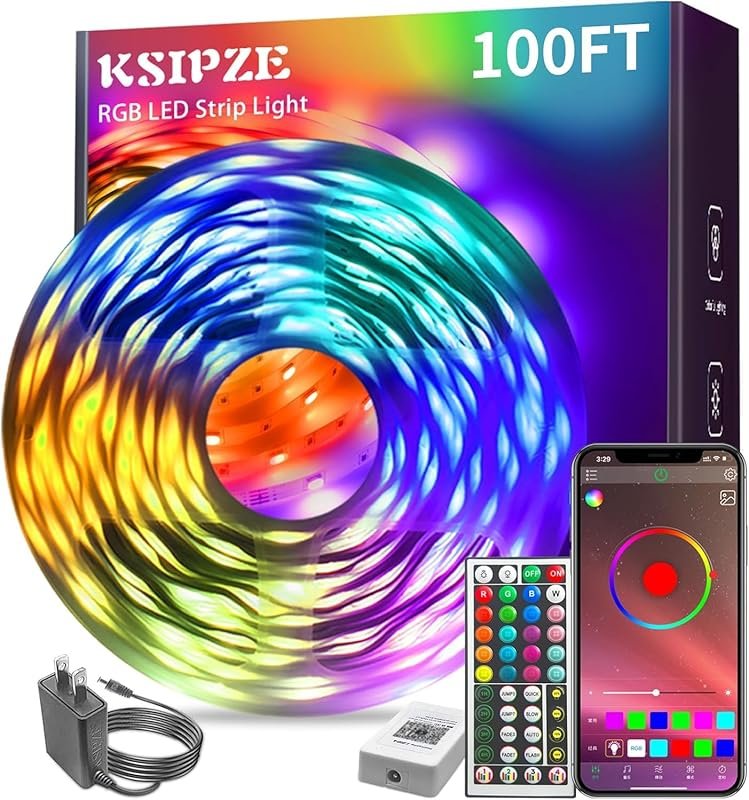 KSIPZE 100ft RGB LED Strip Lights, Music Sync Smart App & Remote Contr