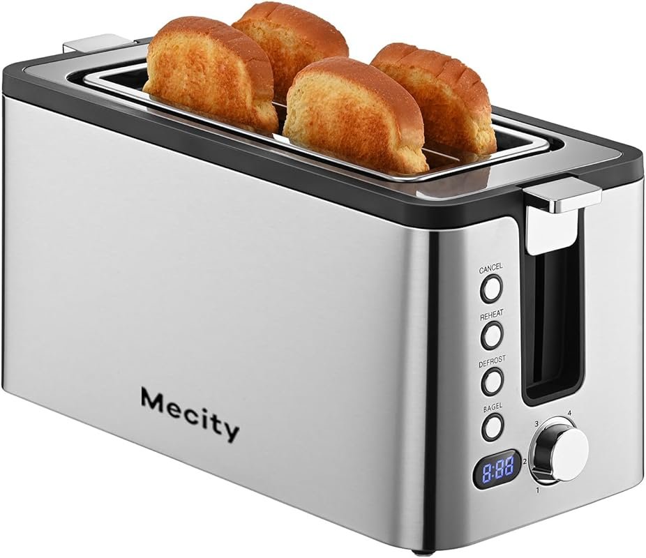 Mecity 4 Slice Long Slot Toaster with Countdown Timer, Bagel/Defrost/R