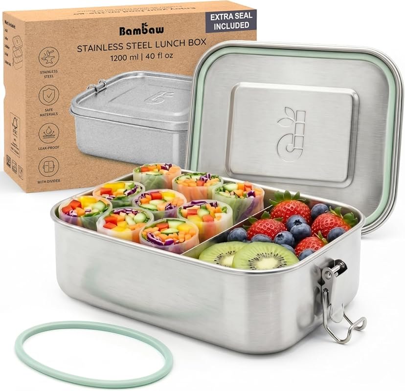 Bambaw 40oz Stainless Steel Lunch Box with Adjustable Compartment, Lea
