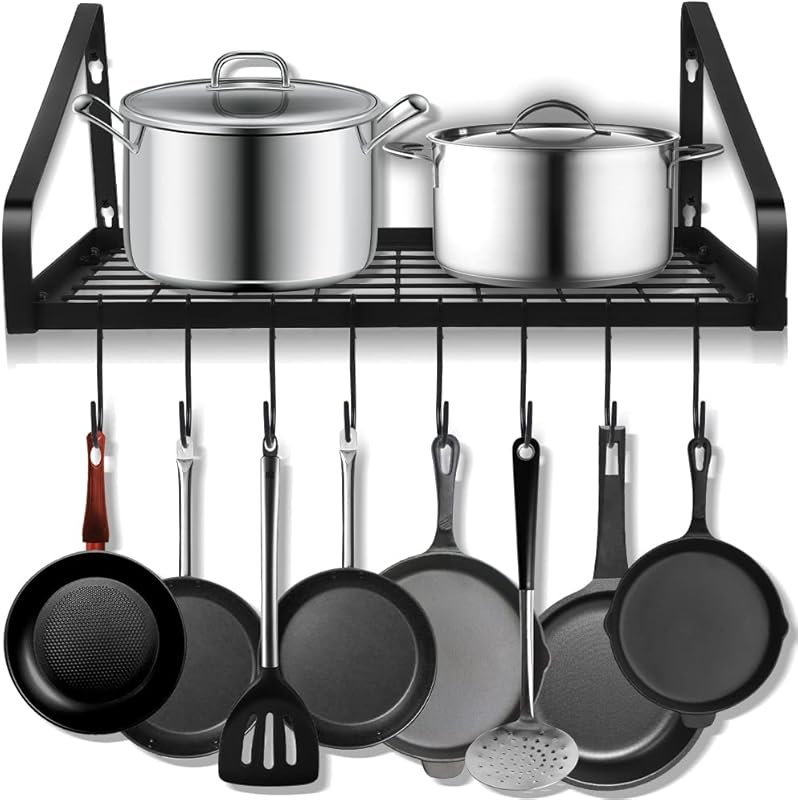 Felibeaco Wall Mounted Pots and Pans Rack with 8 Hooks, Black Kitchen