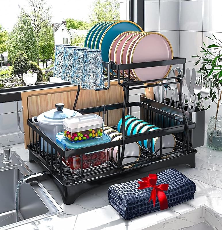 Godboat 2-Tier Dish Drying Rack with Auto-Drain & Mat, Knife Fork Cup 