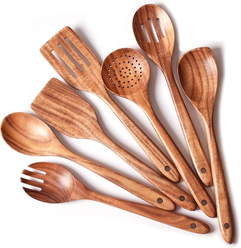 Gudamaye 13-Inch Long Handle Wooden Utensils Set - 7 Piece Natural Tea