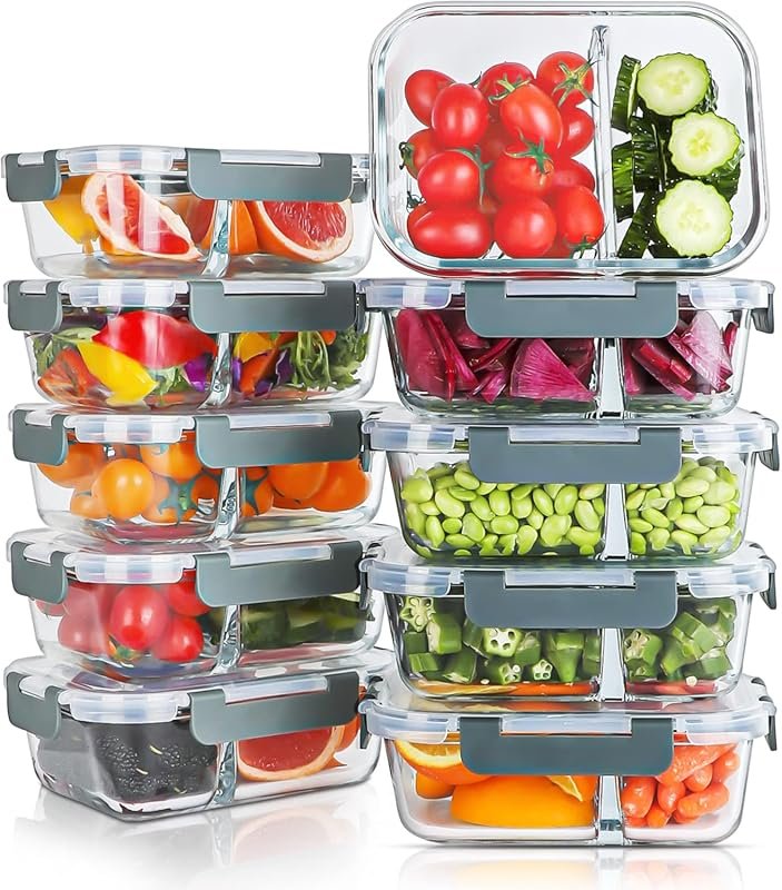 KOMUEE 10-Pack 30oz Glass Meal Prep Containers with 2 Compartments, Ai