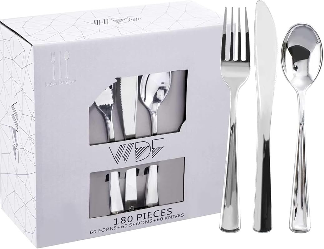 WDF 180 Pieces Heavy Duty Fancy Silver Plastic Silverware Set with For